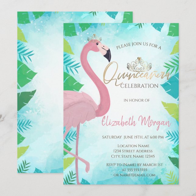 Invitación Flamingo rosa de hoja tropical Quinceañera (Anverso / Reverso)