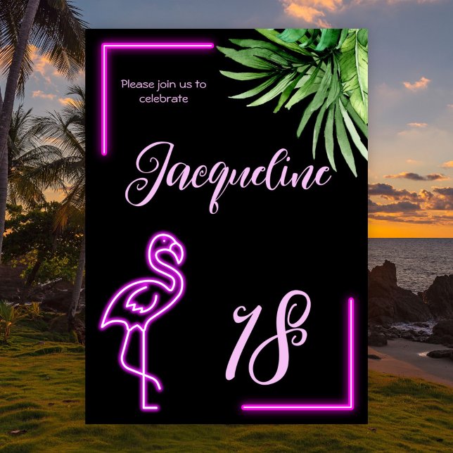 Invitación Flamingo rosa de neón tropical retro 18 años (Subido por el creador)