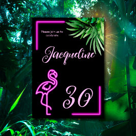 Invitación Flamingo rosa de neón tropical retro 30 años