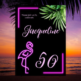 Invitación Flamingo rosa de neón tropical retro 50 años