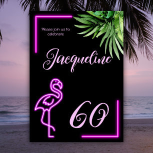 Invitación Flamingo rosa de neón tropical retro 60 cumpleaños