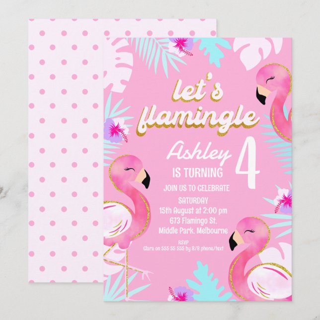 Invitación Flamingo rosa dorado Cumpleaños de la Flaminga (Anverso / Reverso)