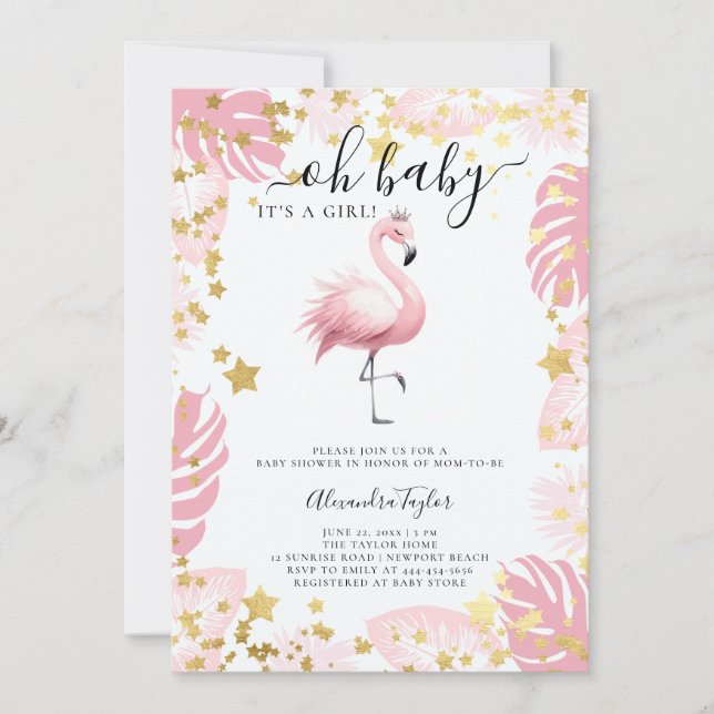 Invitación Flamingo rosa Estrella de Tiara Chica Tropical Bab (Anverso)