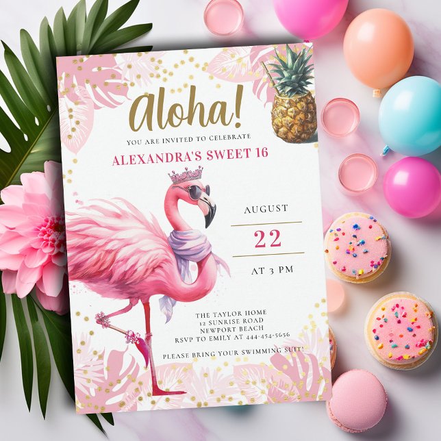 Invitación Flamingo rosa Fiesta floral tropical Aloha dulce 1 (pink flamingo sweet sixteen birthday party invitation pool beach summer pineapple cocktails cute fun)