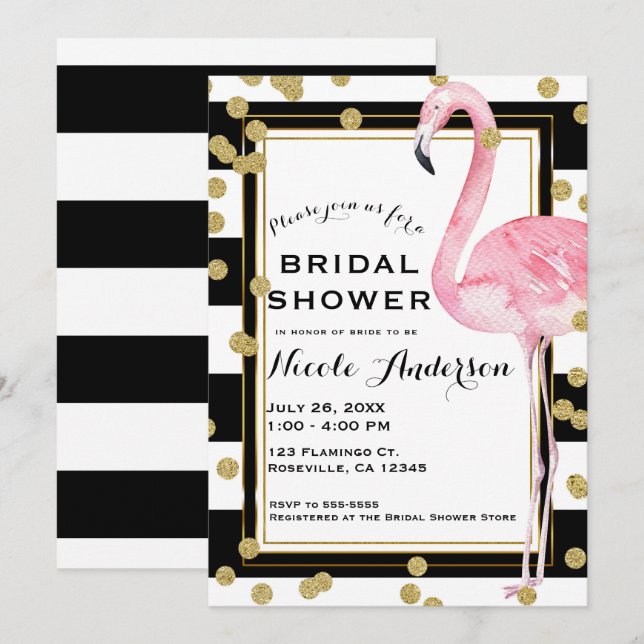 Invitación Flamingo rosa franjas blancas negras y confetán de (Anverso / Reverso)