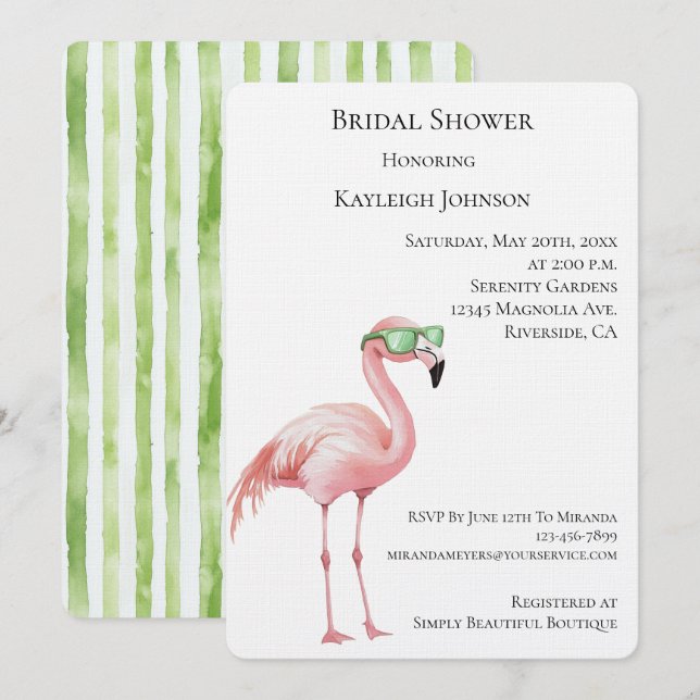 Invitación Flamingo Rosa Green White Stripes Brillante Shower (Anverso / Reverso)