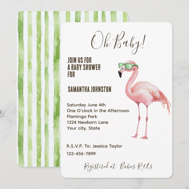 Invitación Flamingo Rosa Green White Strips Baby Shower (Anverso / Reverso)