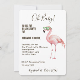 Invitación Flamingo Rosa Green White Strips Baby Shower
