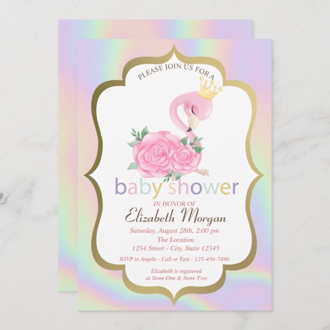 Invitación Flamingo rosa,Invitación holográfica a Baby Shower (Anverso / Reverso)