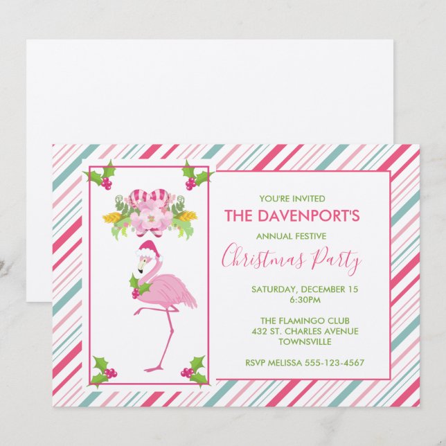 Invitación Flamingo rosa Santa Hat Candy Canes y Holly (Anverso / Reverso)