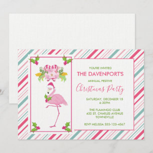 Invitación Flamingo rosa Santa Hat Candy Canes y Holly