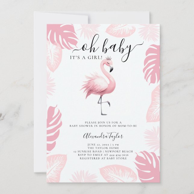 Invitación Flamingo rosa Tiara Chica de hoja tropical Baby Sh (Anverso)