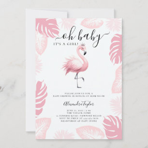 Invitación Flamingo rosa Tiara Chica de hoja tropical Baby Sh