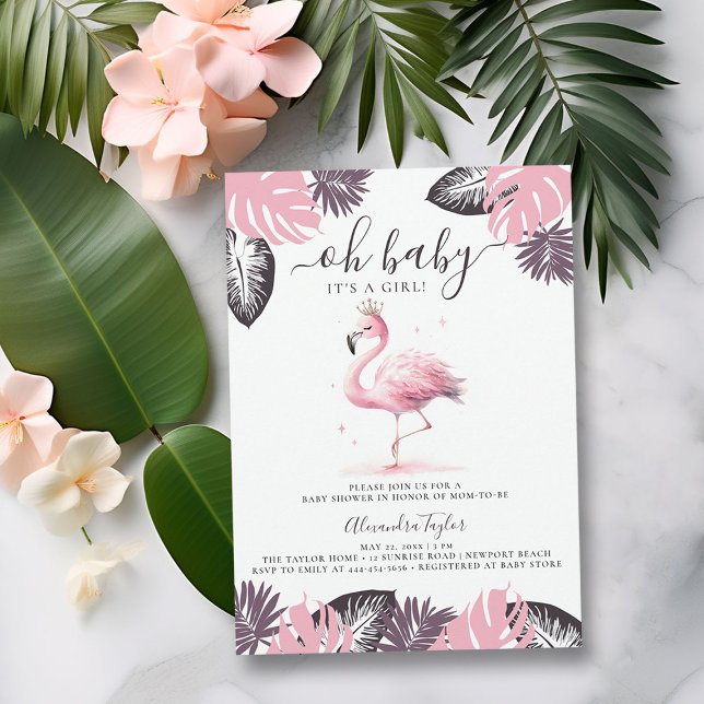 Invitación Flamingo rosa Tiara Chica de Moda tropical Baby Sh (pink flamingo baby girl shower invitation cute watercolor tropical invite purple blush summmer fun)