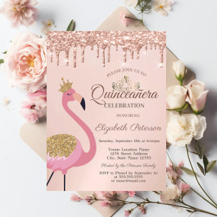 Invitación Flamingo Rosa, Tiara, Gotitas de Oro Rosa Quinceañ