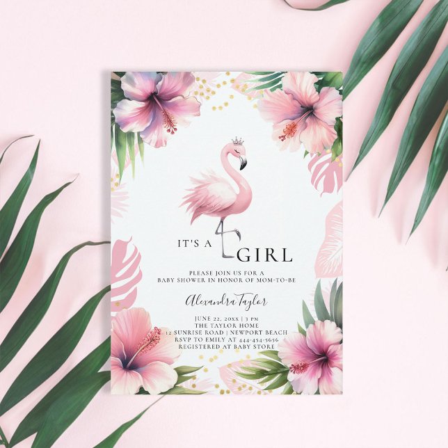 Invitación Flamingo rosa Tiara Negrita Chica Tropical Baby Sh (pink flamingo baby girl shower invitation hibiscus tropical floral palm leaf watercolor gold elegant)