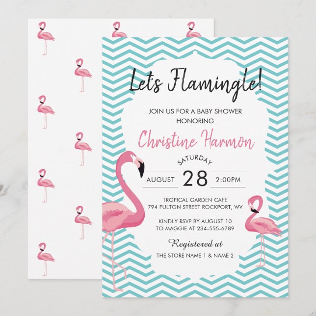 Invitación Flamingo rosa tropical Chevrons Beach Baby Shower (Anverso / Reverso)