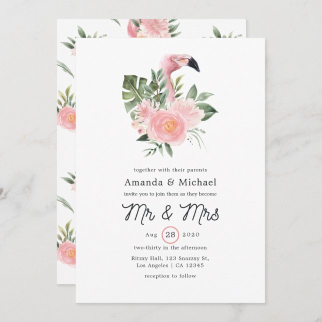 Invitación Flamingo rosa tropical exótico Sr. y Sra. Boda (Anverso / Reverso)
