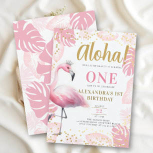 Invitación Flamingo Rosa Tropical Hawái Aloha 1er Cumpleaños