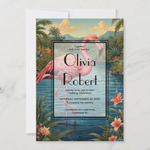 Invitación Flamingo rosa tropical retro