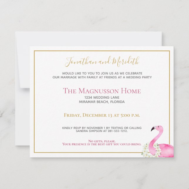 Invitación Flamingo rosa tropical sin regalos Fiesta de recep (Reverso)