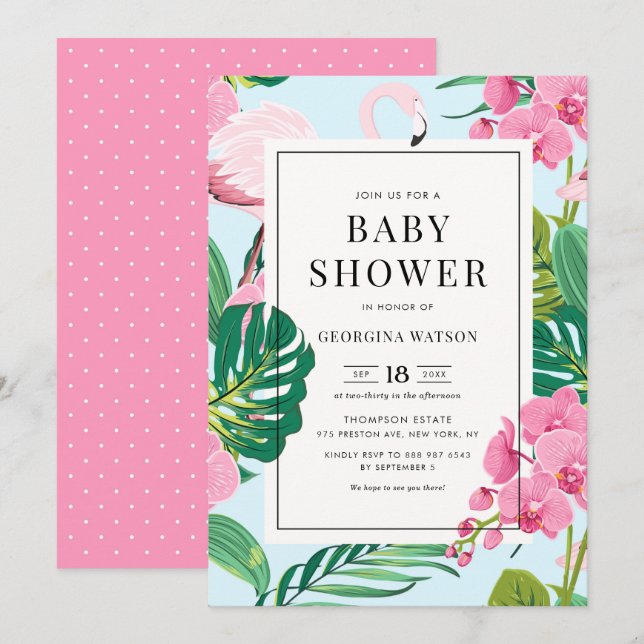 Invitación Flamingo rosa y Baby Shower tropical orquídea (Anverso / Reverso)