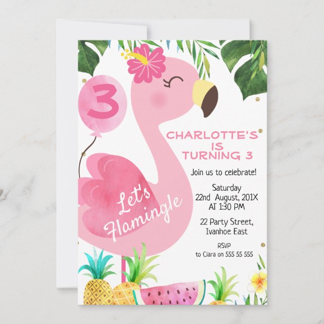 Invitación Flamingo Rosado Foliage Fruit Flamingle Cumpleaños (Anverso)