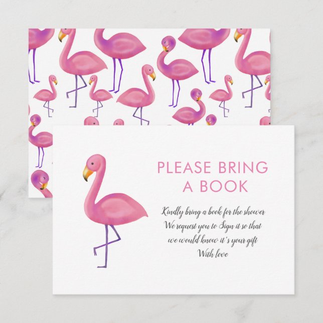 Invitación Flamingo Rosado Moderno Baby Shower Trae Un Libro (Anverso / Reverso)