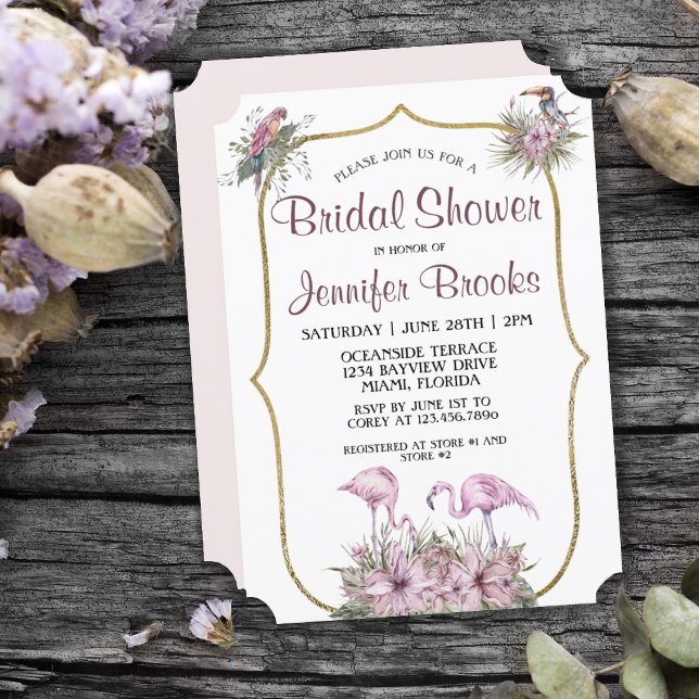 Invitación Flamingo Rosado Tropical Ducha Bridal (TROPICAL PINK FLAMINGO BRIDAL SHOWER INVITATION)