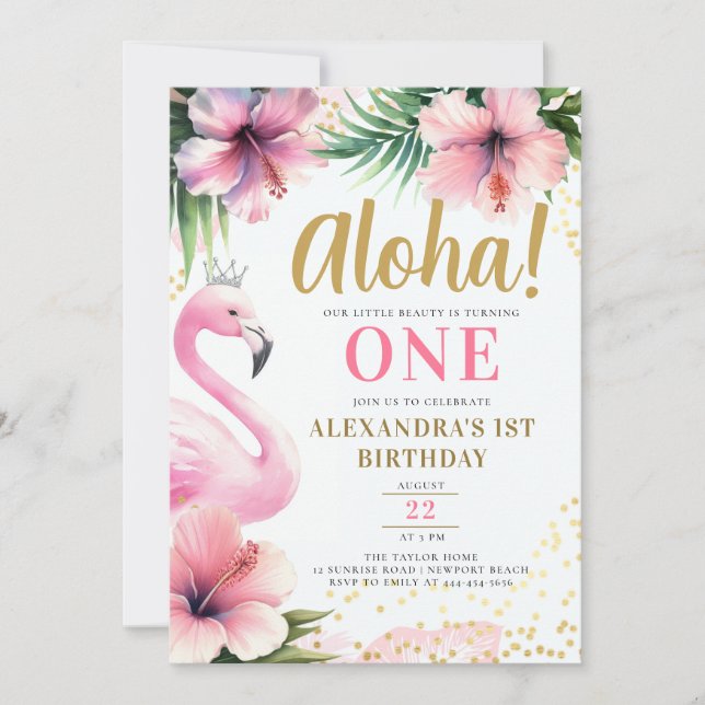 Invitación Flamingo Rosado Tropical Gold Aloha 1er cumpleaños (Anverso)