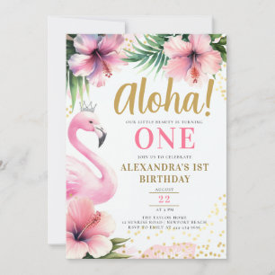 Invitación Flamingo Rosado Tropical Gold Aloha 1er cumpleaños