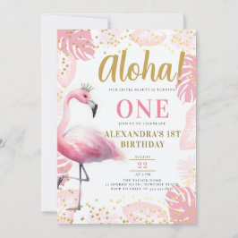 Invitación Flamingo Rosado Tropical Hawaii Aloha 1er cumpleañ