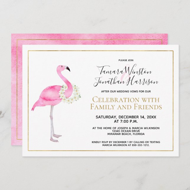 Invitación Flamingo Rosado Tropical Magnolia Recepción Floral (Anverso / Reverso)