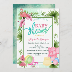 Invitación Flamingo, sandía, elefante Palm Baby Shower