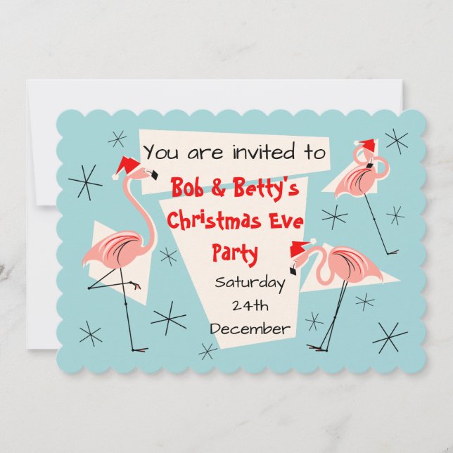 Invitación Flamingo Santas Blue scallopt horizontal (Anverso)