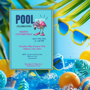 Invitación Flamingo Scuba Geer Pool Fiesta Cumpleaños