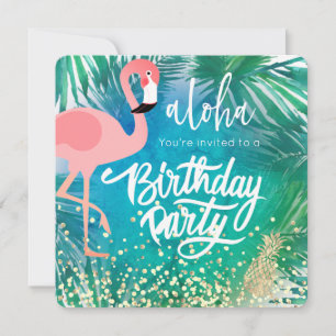 Invitación flamingo sobre el diseño azul tropical