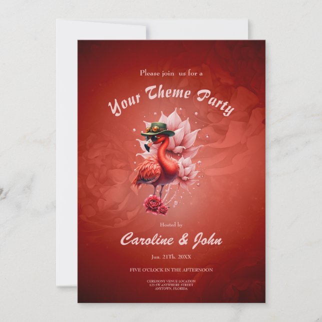 Invitación Flamingo Steampunk - Arte digital fantástico (Anverso)
