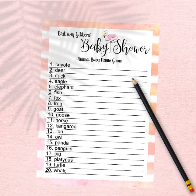 Invitación Flamingo Strips Baby Shower Animal Baby Name Game (Subido por el creador)
