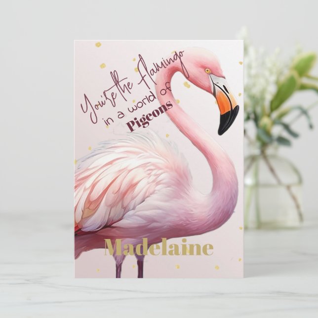 Invitación Flamingo Tema Oro rosa Cumpleaños (Anverso de pie)