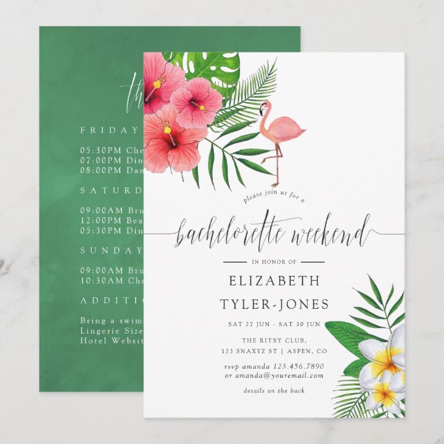 Invitación Flamingo Tropical Aloha Luau Bachelorette Weekend (Anverso / Reverso)