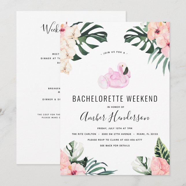 Invitación Flamingo Tropical Bachelorette Itinerario (Anverso / Reverso)