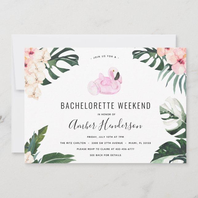 Invitación Flamingo Tropical Bachelorette Itinerario (Anverso)