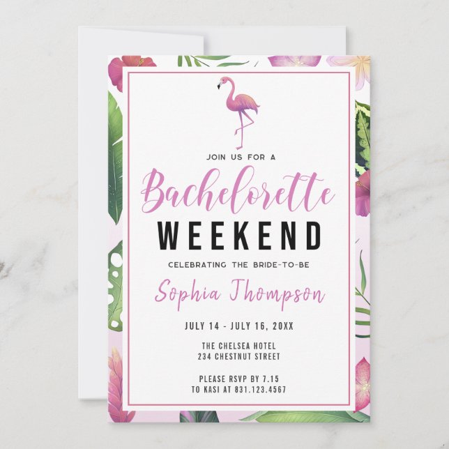 Invitación Flamingo Tropical Bachelorette Weekend Itinerario (Anverso)