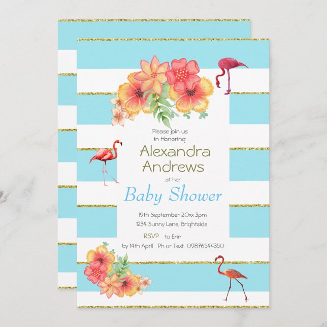 Invitación Flamingo Tropical Blue Stripe Baby Shower (Anverso / Reverso)