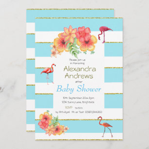 Invitación Flamingo Tropical Blue Stripe Baby Shower