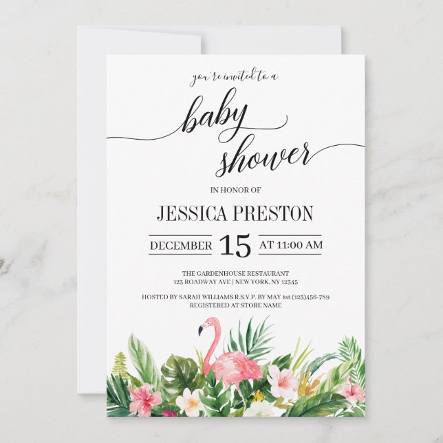 Invitación Flamingo tropical deja Baby Shower con guión (Anverso)