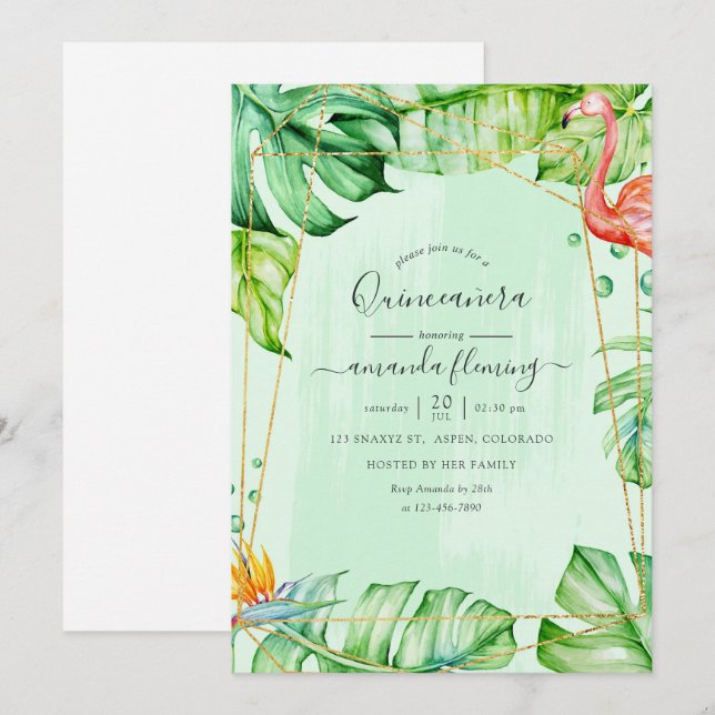 Invitación Flamingo Tropical Exótico Quinceañera Geométrica (Anverso / Reverso)