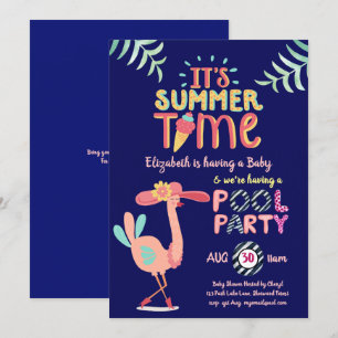 Invitación Flamingo Tropical Fiesta PISCINA Azul Rosa Diversi