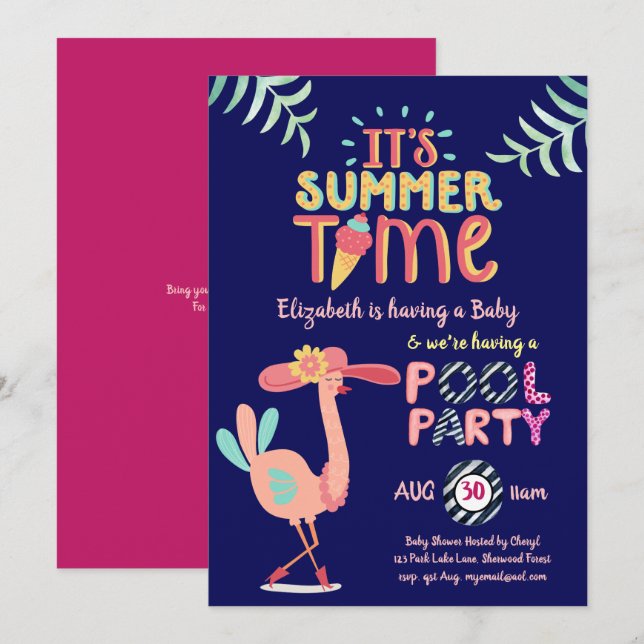 Invitación Flamingo Tropical Fiesta PISCINA Azul Rosa Diversi (Anverso / Reverso)